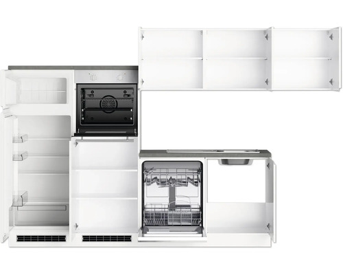 Cuisine compacte avec réfrigérateur, four, lave-vaisselle et évier