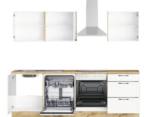 Cuisine avec évier, lave-vaisselle, cuisinière, four, hotte et placards