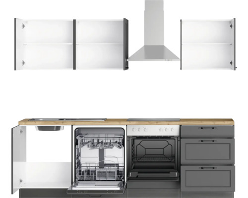 Cuisine avec évier, lave-vaisselle, cuisinière, four, hotte et placards