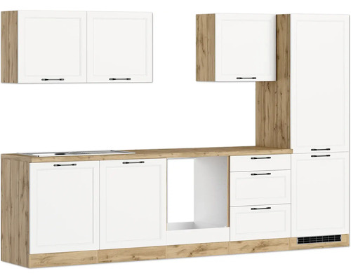 Cuisine équipée avec éléments hauts et bas en aspect bois et blanc