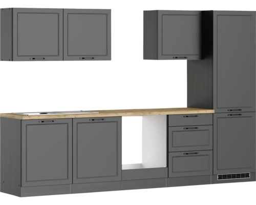 Cuisine linéaire avec meubles bas, tiroirs et meubles hauts