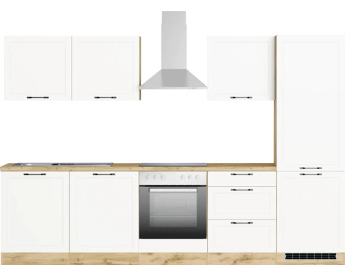 Cuisine avec évier, plaque de cuisson, hotte aspirante, four et armoires