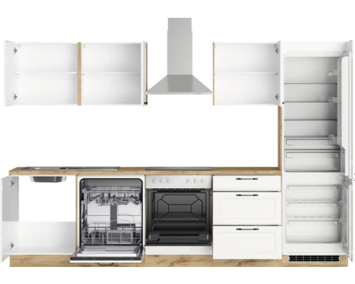 Cuisine équipée avec évier, lave-vaisselle, cuisinière, hotte aspirante, armoires murales, tiroirs et réfrigérateur