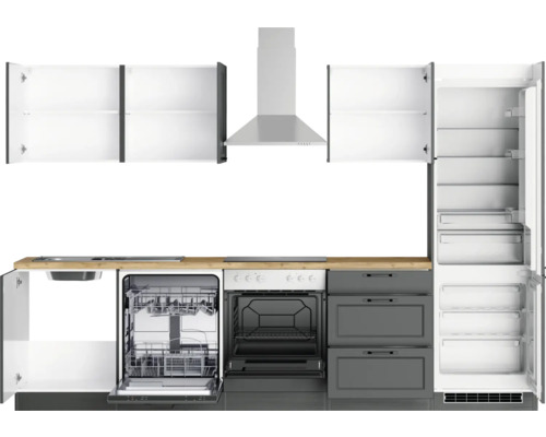 Cuisine équipée avec lave-vaisselle, four, hotte aspirante, réfrigérateur et meubles hauts