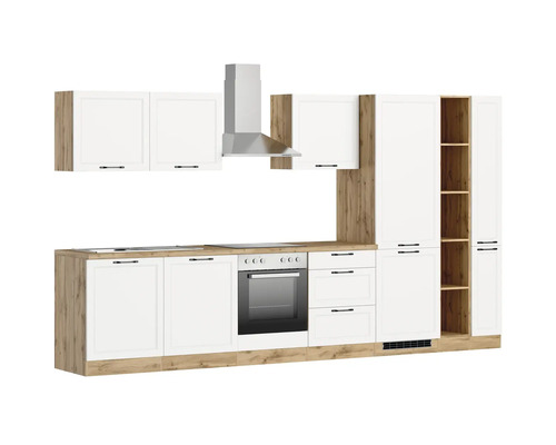 Cuisine équipée avec éléments hauts, hotte aspirante, cuisinière et four intégré