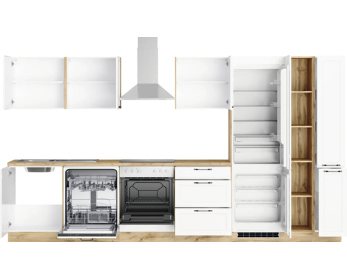 Cuisine équipée avec évier, lave-vaisselle, four, hotte aspirante et réfrigérateur