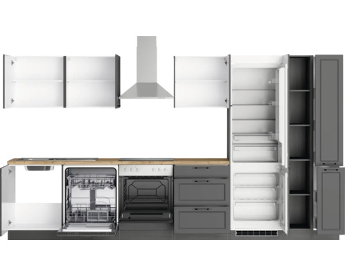 Cuisine complète avec évier, lave-vaisselle, cuisinière, hotte aspirante, réfrigérateur et armoires