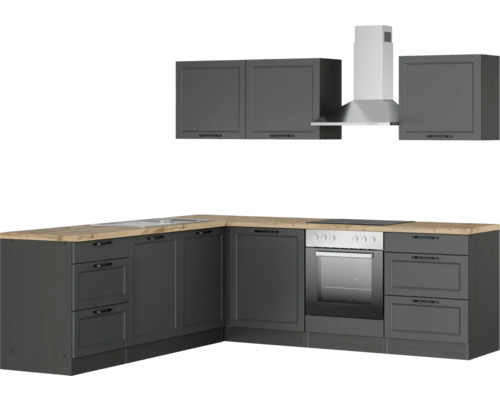 Cuisine complète avec meubles bas, évier, cuisinière, four, hotte aspirante et meubles hauts