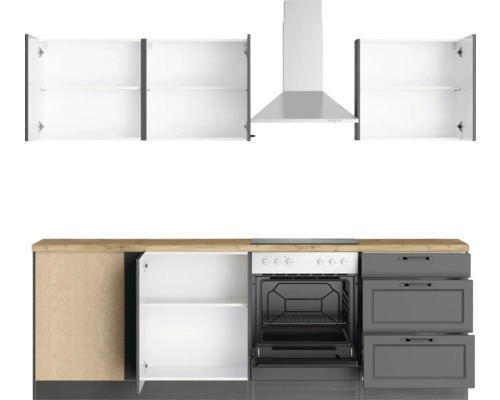 Cuisine équipée avec éléments hauts, hotte aspirante, four et tiroirs