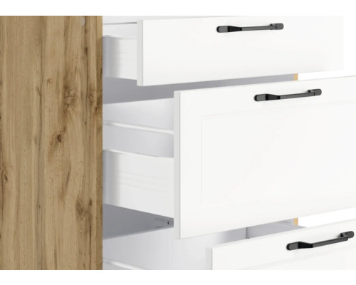 Vue détaillée d''une armoire avec des tiroirs ouverts et des poignées noires