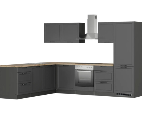 Cuisine complète avec évier, plaque de cuisson, four, hotte et armoires