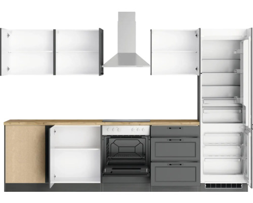 Cuisine équipée avec armoires, hotte aspirante, cuisinière, four et réfrigérateur