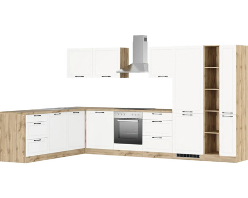 Cuisine complète avec éléments hauts, hotte aspirante, évier, cuisinière et tiroirs