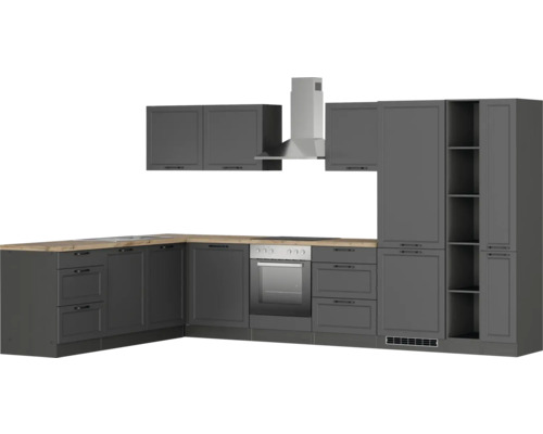 Cuisine complète grise avec hotte aspirante, évier, cuisinière et four.