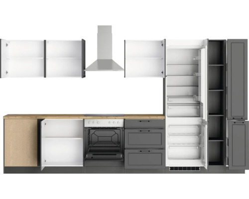 Cuisine avec placards hauts, hotte aspirante, cuisinière, four, tiroirs et réfrigérateur