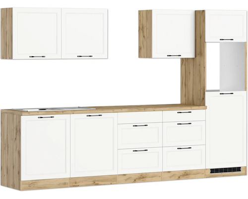 Cuisine équipée avec façades blanches et plan de travail en bois