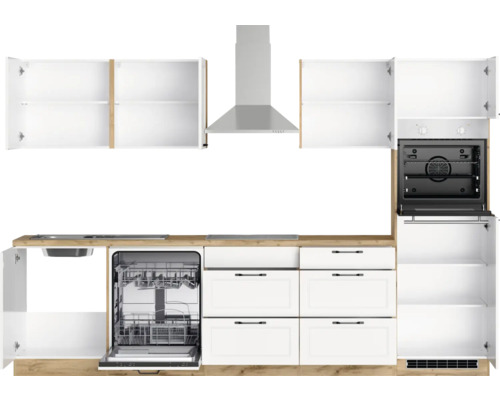 Cuisine équipée avec évier, lave-vaisselle, cuisinière et hotte aspirante