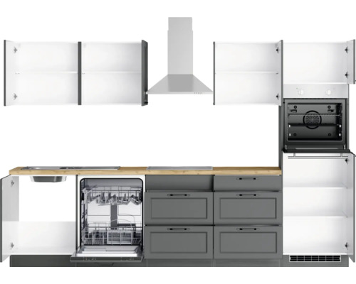 Cuisine équipée avec éléments hauts, hotte aspirante, lave-vaisselle et four encastrable