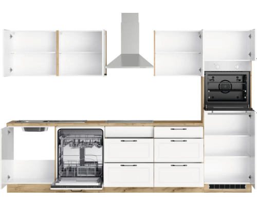 Cuisine complète avec évier, lave-vaisselle, cuisinière, hotte et armoires