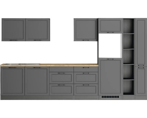 Küchenzeile ohne Geräte Held Möbel Lübeck 360 cm Frontfarbe grau Korpusfarbe graphit 1115.6331