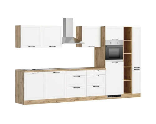 Cuisine complète avec façades blanches, hotte aspirante et four intégré