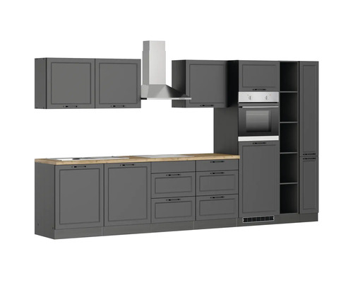 Cuisine complète avec meubles hauts, hotte aspirante, four et évier