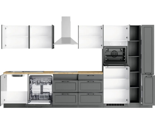 Cuisine avec évier, lave-vaisselle, tiroirs, four, hotte aspirante et armoires