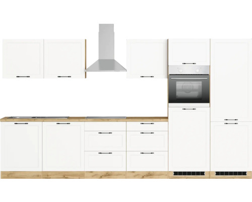 Cuisine complète avec armoires blanches, hotte aspirante et four intégré