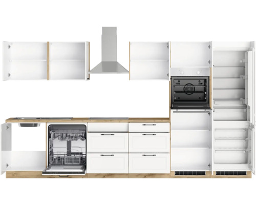 Cuisine équipée avec évier, lave-vaisselle, tiroirs, hotte aspirante, four et réfrigérateur