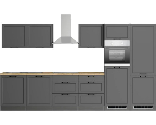 Cuisine complète avec éléments hauts, hotte aspirante, cuisinière et évier