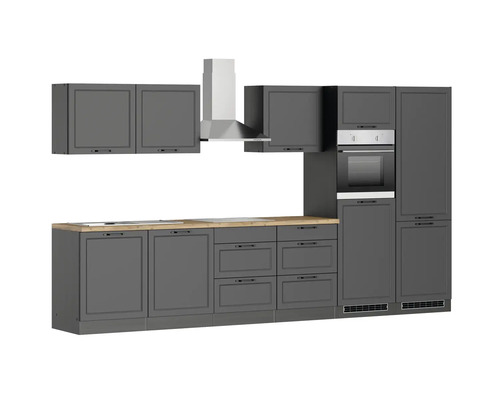 Cuisine grise avec armoires murales, hotte aspirante et four intégré