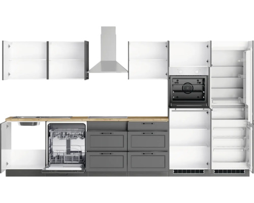 Cuisine intégrée avec évier, lave-vaisselle, tiroirs, four, hotte aspirante et réfrigérateur