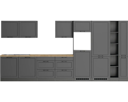 Küchenzeile ohne Geräte Held Möbel Lübeck 420 cm Frontfarbe grau Korpusfarbe graphit 1121.6331