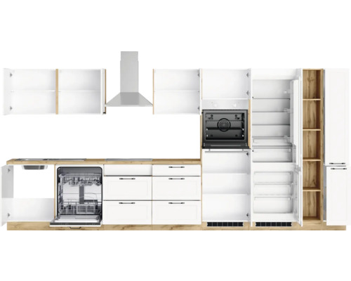 Cuisine moderne avec évier, lave-vaisselle, four, hotte aspirante, réfrigérateur et armoires