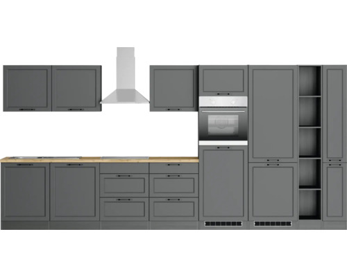 Cuisine grise avec hotte, évier, cuisinière, four et armoires