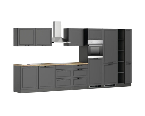 Cuisine grise complète avec hotte aspirante, cuisinière et évier