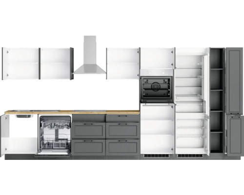 Cuisine grise avec évier, lave-vaisselle, cuisinière, hotte et réfrigérateur