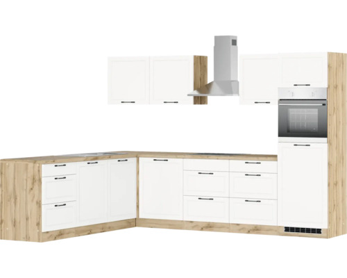 Cuisine intégrée avec façades blanches et décor bois clair