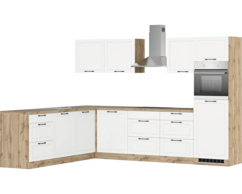 Cuisine moderne avec armoires blanches, hotte aspirante et four intégré.