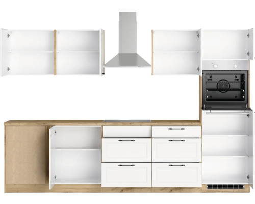 Cuisine équipée avec armoires, tiroirs, hotte aspirante et four