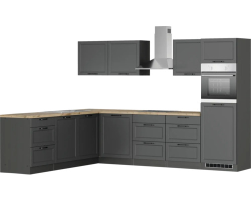 Cuisine grise avec armoires suspendues, hotte aspirante et four intégré