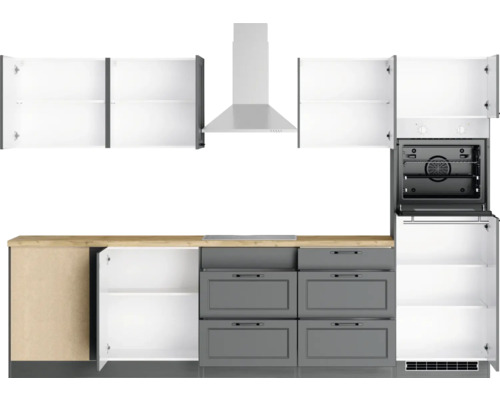 Cuisine équipée avec éléments hauts, hotte aspirante, cuisinière et meubles bas d''évier