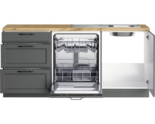 Cuisine linéaire avec lave-vaisselle, évier et tiroirs