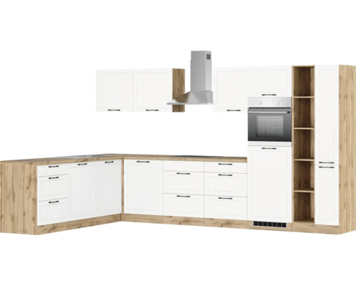 Cuisine moderne avec façades blanches et détails en bois, comprenant une hotte aspirante et un four encastrable pour un design de cuisine élégant.