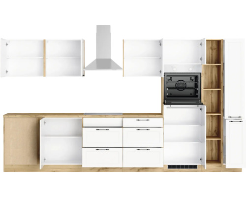 Cuisine équipée avec armoires, tiroirs, hotte aspirante et four
