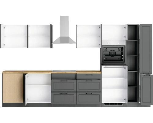 Cuisine équipée avec éléments hauts, hotte aspirante, tiroirs et four encastrable
