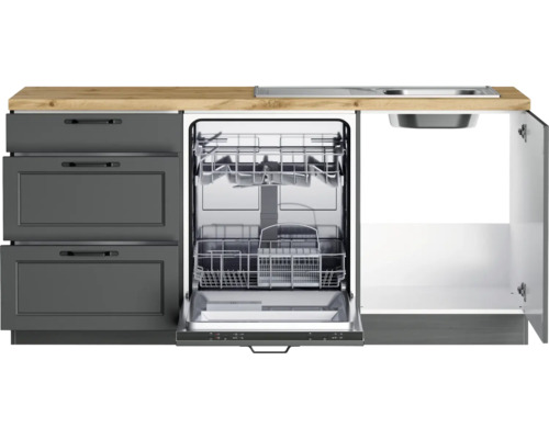 Cuisine équipée avec évier, lave-vaisselle et placards de couleur foncée avec plan de travail brun clair