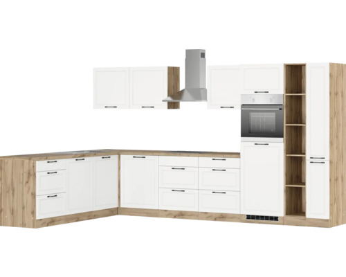 Cuisine complète avec éléments hauts et bas, hotte aspirante et four intégré.