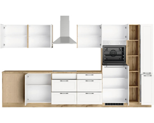 Cuisine équipée avec éléments hauts, hotte aspirante, four encastrable et tiroirs