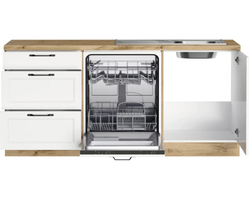 Cuisine compacte avec évier, lave-vaisselle et tiroirs